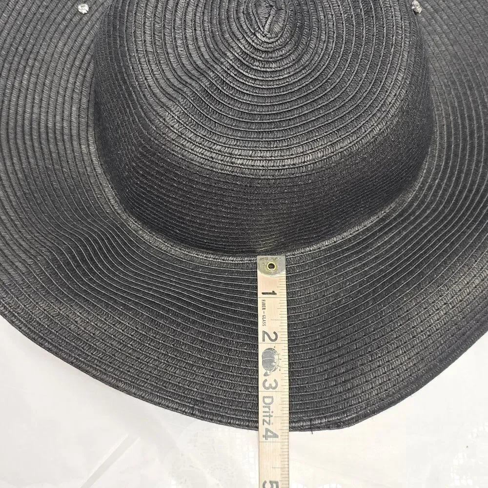 Karl Lagerfeld Black Straw Signature Pin Studs Paris Charm Embellished Sun Hat